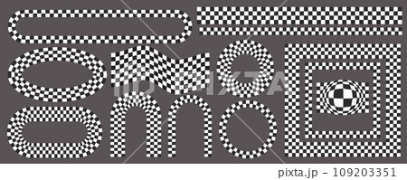 Checkerboard frames set. Circle and square patterns with black and white chess pattern.Y2k geometric shapes. Vector retro groovy illustration 109203351
