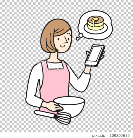 Simple character illustration of a woman enjoying cooking Simple character illustration of a woman enjoying cooking 109203659