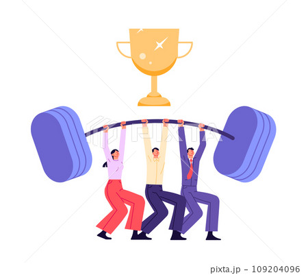 Employees lift weights together, overcomes challenges 109204096