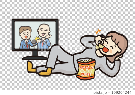 Illustration of a woman lying down and eating potato chips while watching TV 109204244