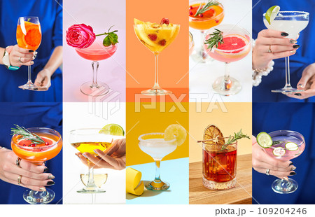 Collage. Different types of alcohol beverages on multicolored background. Sweet and sour drinks. Degustation, bartender courses 109204246
