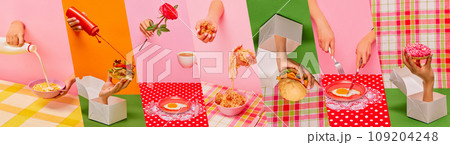 Collage. Different types of food, burger, eggs, donuts, cereal over multicolored background. Yummy Collage. Different types of food, burger, eggs, donuts, cereal over multicolored background. Yummy 109204248