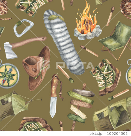 Watercolor camp seamless pattern, adventure outdoor tourist camping symbols Tent Bonfire Multifunction knife map backpack mug rope background, active travel vacations sport for summer. Watercolor camp seamless pattern, adventure outdoor tourist camping symbols Tent Bonfire Multifunction knife map backpack mug rope background, active travel vacations sport for summer. 109204302