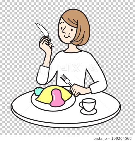 Simple person illustration woman eating omelet rice Simple person illustration woman eating omelet rice 109204566