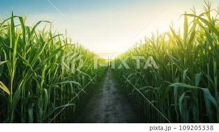 Empty ground road across large sugarcane plantation at summer Asian farmland site 109205338