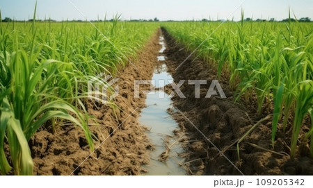 Empty ground road across large sugarcane plantation at summer Asian farmland site 109205342