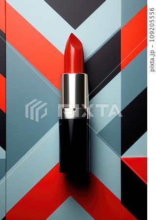 Creative flat lay red lipstick on a geometric background in the style of pop art 109205556