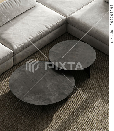 Sleek modern coffee tables in stylish interior. Luxurious living room detail 3d render 109205593