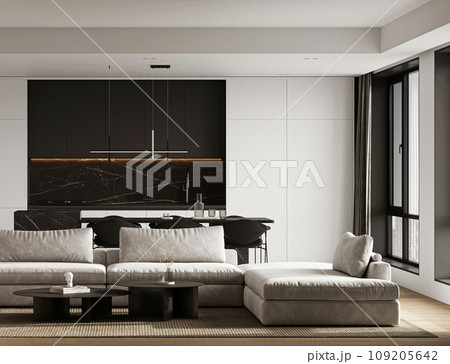Stylish open concept living room with modern kitchen and plush seating interior 3d render Stylish open concept living room with modern kitchen and plush seating interior 3d render 109205642