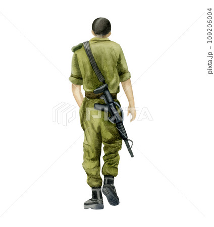 Israeli soldier of IDF with M16 assault rifle, walking view from the back watercolor illustration isolated on white for patriotic holidays, memorial days, Holocaust Remembrance and Independence Day 109206004