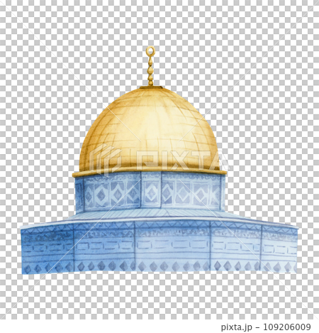 Jerusalem Dome of the Rock Muslim mosque watercolor illustration isolated on white background. Qubbat as Sakhra with golden and blue building in Al Aqsa compound on the Temple Mount in Israel Jerusalem Dome of the Rock Muslim mosque watercolor illustration isolated on white background. Qubbat as Sakhra with golden and blue building in Al Aqsa compound on the Temple Mount in Israel 109206009