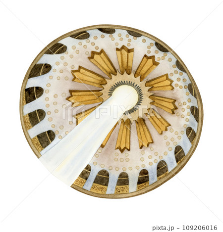 Dome of the Holy Sepulchre with sunbeam watercolor illustration isolated on white background. Round rotunda above the Edicule of Coptic chapel church of Resurrection in old city of Jerusalem 109206016
