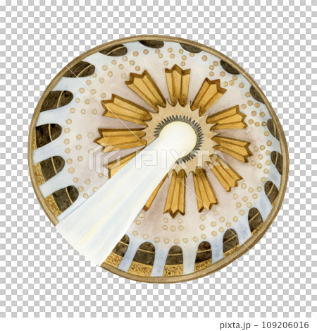 Dome of the Holy Sepulchre with sunbeam watercolor illustration isolated on white background. Round rotunda above the Edicule of Coptic chapel church of Resurrection in old city of Jerusalem Dome of the Holy Sepulchre with sunbeam watercolor illustration isolated on white background. Round rotunda above the Edicule of Coptic chapel church of Resurrection in old city of Jerusalem 109206016