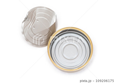 Opened Empty Tin Can With Broken Cover Isolated on White Background Opened Empty Tin Can With Broken Cover Isolated on White Background 109206175