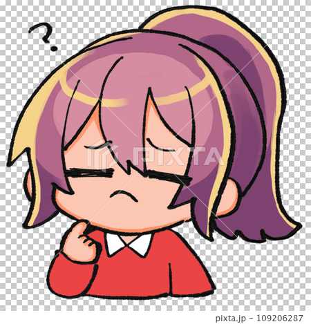 一個綁著馬尾的小人物，嘴裡塞著美味的食物。 109206287