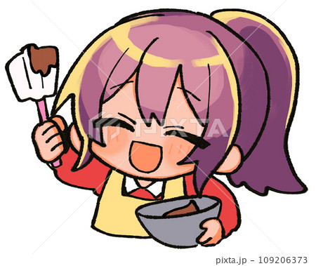 チョコ作りをするポニーテールのミニキャラ	 109206373