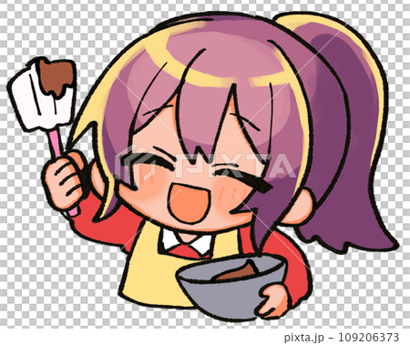 チョコ作りをするポニーテールのミニキャラ	 109206373