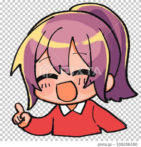 人差し指を立てるポニーテールのミニキャラ 109206380