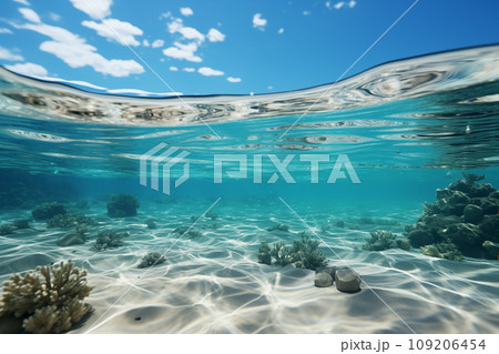 underwater view of coral reef with water surface and blue sky background 109206454