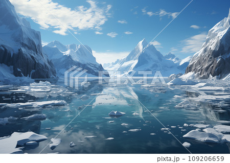 seascape, cold bay among snowy coastal mountains 109206659