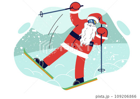 Santa claus stands on skis at risk of falling due to rush to christmas party or new year celebration 109206866