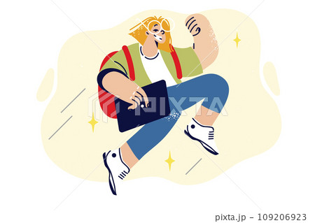 Happy girl school student with backpack behind back jumps and makes victory gesture 109206923