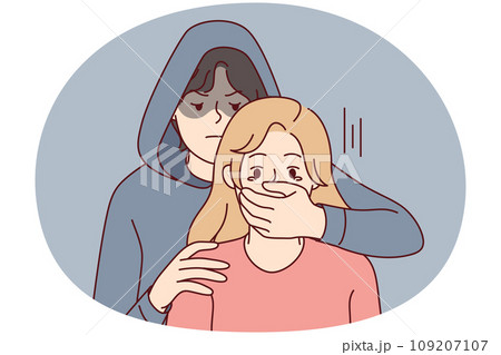 Man in hood close terrified woman mouth Man in hood close terrified woman mouth 109207107