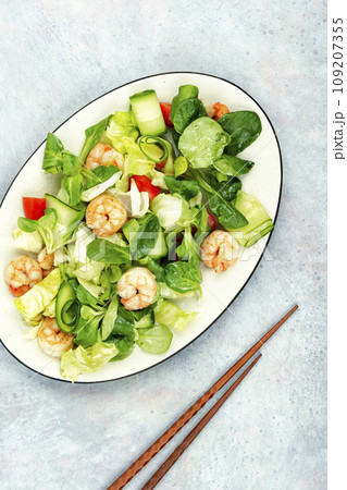 Homemade vegetable salad with shrimp. Homemade vegetable salad with shrimp. 109207355