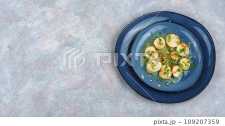 Roasted scallops on a plate 109207359