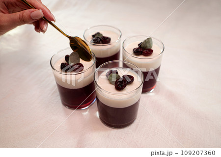 Delicious milk and berry jelly in a glass on the table Delicious milk and berry jelly in a glass on the table 109207360