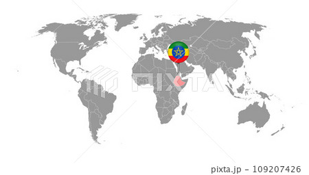 Pin map with Ethiopia flag on world map. Vector illustration. 109207426
