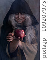 Stepmother witch gives poisoned red apple.Woman as witch in black offers red apple as symbol of temptation, poison. Fairy tale, white snow wizard concept. Spooky Halloween, cosplay. 109207975