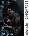 Stepmother witch gives poisoned red apple.Woman as witch in black offers red apple as symbol of temptation, poison. Fairy tale, white snow wizard concept. Spooky Halloween, cosplay. 109207985