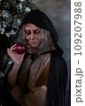 Stepmother witch gives poisoned red apple.Woman as witch in black offers red apple as symbol of temptation, poison. Fairy tale, white snow wizard concept. Spooky Halloween, cosplay. 109207988