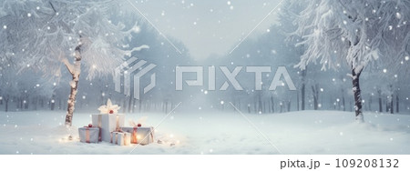 A Winter Wonderland: Snowy Scene with Christmas Trees and Twinkling Lights A Winter Wonderland: Snowy Scene with Christmas Trees and Twinkling Lights 109208132
