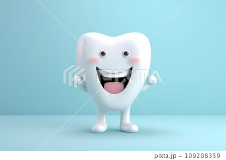 A happy tooth smiling happily on a blue monochrome background. A happy tooth smiling happily on a blue monochrome background. 109208359