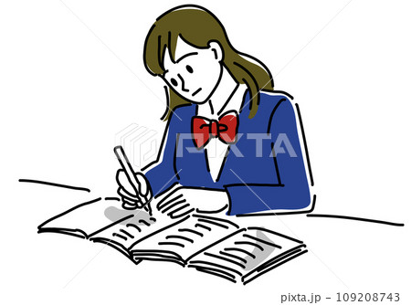 受験勉強する女子学生シンプル線画 109208743