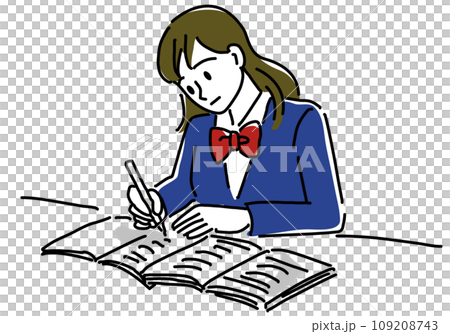 受験勉強する女子学生シンプル線画 109208743