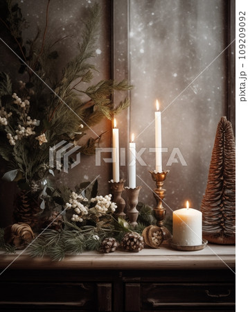 Decorative winter arrangement with fir and candles in cozy home interior, stylish room decor for Christmas holiday season, afternoon daylight 109209092