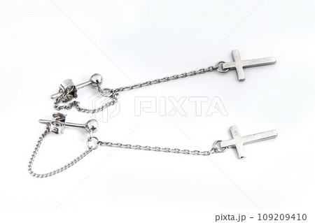 Luxury silver round earrings big jewelry for women isolated on white background, clipping path included Luxury silver round earrings big jewelry for women isolated on white background, clipping path included 109209410