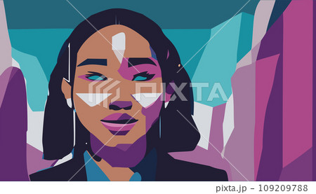 Metaverse Digital Virtual Reality Technology of a woman with glasses and a headset VR connected to the virtual space. Vector Illustration. Metaverse Digital Virtual Reality Technology of a woman with glasses and a headset VR connected to the virtual space. Vector Illustration. 109209788