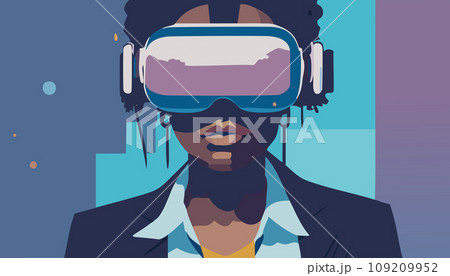 Metaverse Digital Virtual Reality Technology of a woman with glasses and a headset VR connected to the virtual space. Vector Illustration. 109209952