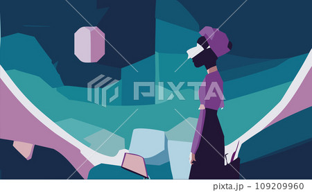 Metaverse Digital Virtual Reality Technology of a woman with glasses and a headset VR connected to the virtual space. Vector Illustration. 109209960
