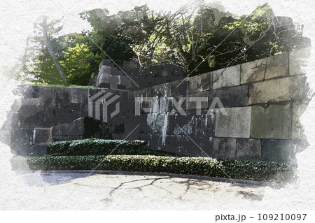 水彩画風 東京北の丸公園 江戸城 城門石垣 東京都千代田区 水彩画風 東京北の丸公園 江戸城 城門石垣 東京都千代田区 109210097