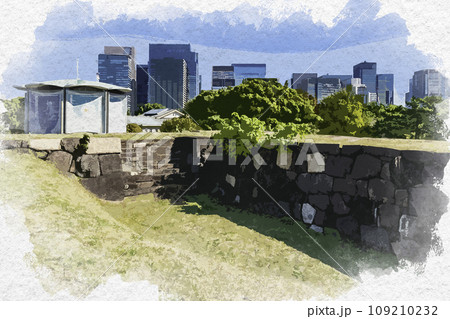 水彩画風　東京北の丸公園　江戸城　天守台　東京都千代田区 109210232