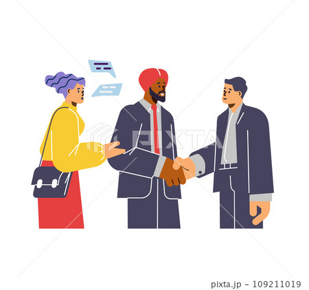 Young woman translator working with men shaking hands flat style 109211019