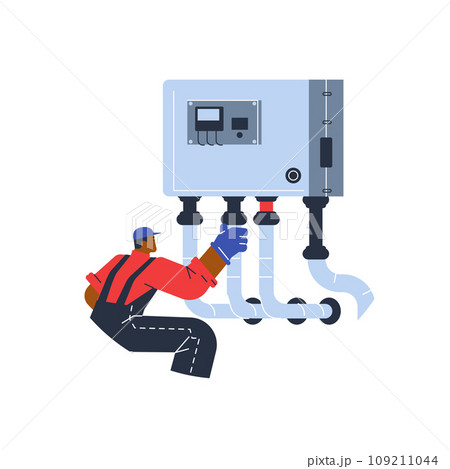 Working man and water boiler, flat cartoon vector illustration on white Working man and water boiler, flat cartoon vector illustration on white 109211044