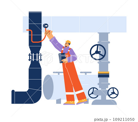 Technician man in helmet with tablet adjust lever of pressure gauge. 109211050