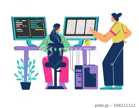 Developers team creates a mobile app or programs software, flat vector isolated. Developers team creates a mobile app or programs software, flat vector isolated. 109211122