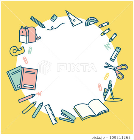 シンプルな文房具のイラストセット フレーム パステルカラー シンプルな文房具のイラストセット フレーム パステルカラー 109211262